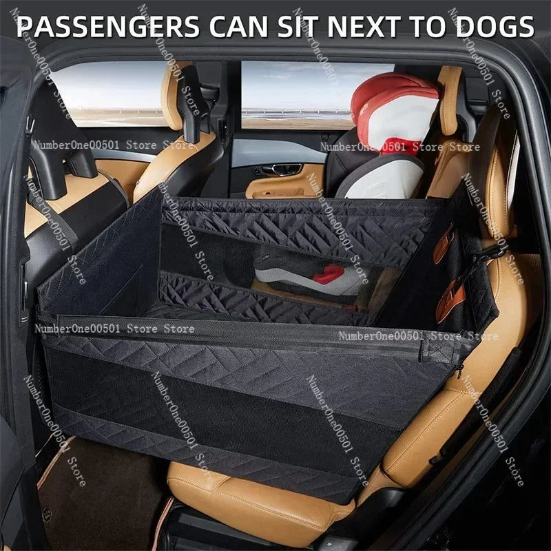 Dog sitting safely on the car hammock